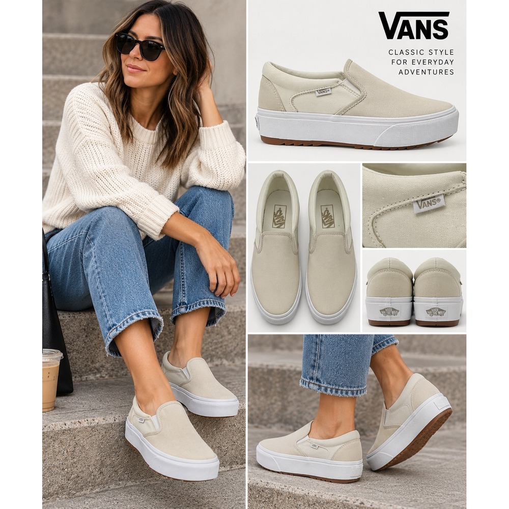Vans Slip-On Stacked Women 11 Beige Excellent Platform Canvas Sneakers